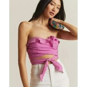 By Anthropologie M Crop Top Pink Ruffle Tie Front Cotton Linen Wrap Smocked NEW